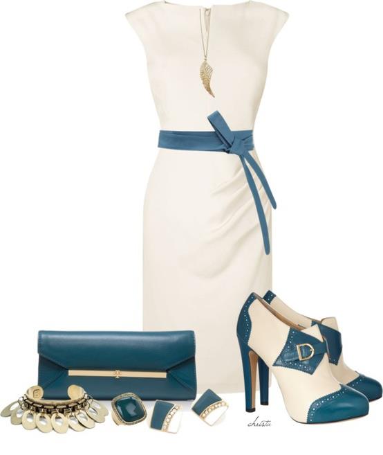 Koktejlové šaty - biele s modrými doplnkami